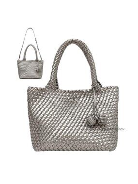 Woven Vegan Leather Tote Bag with Small Purse Crossbody Handbag